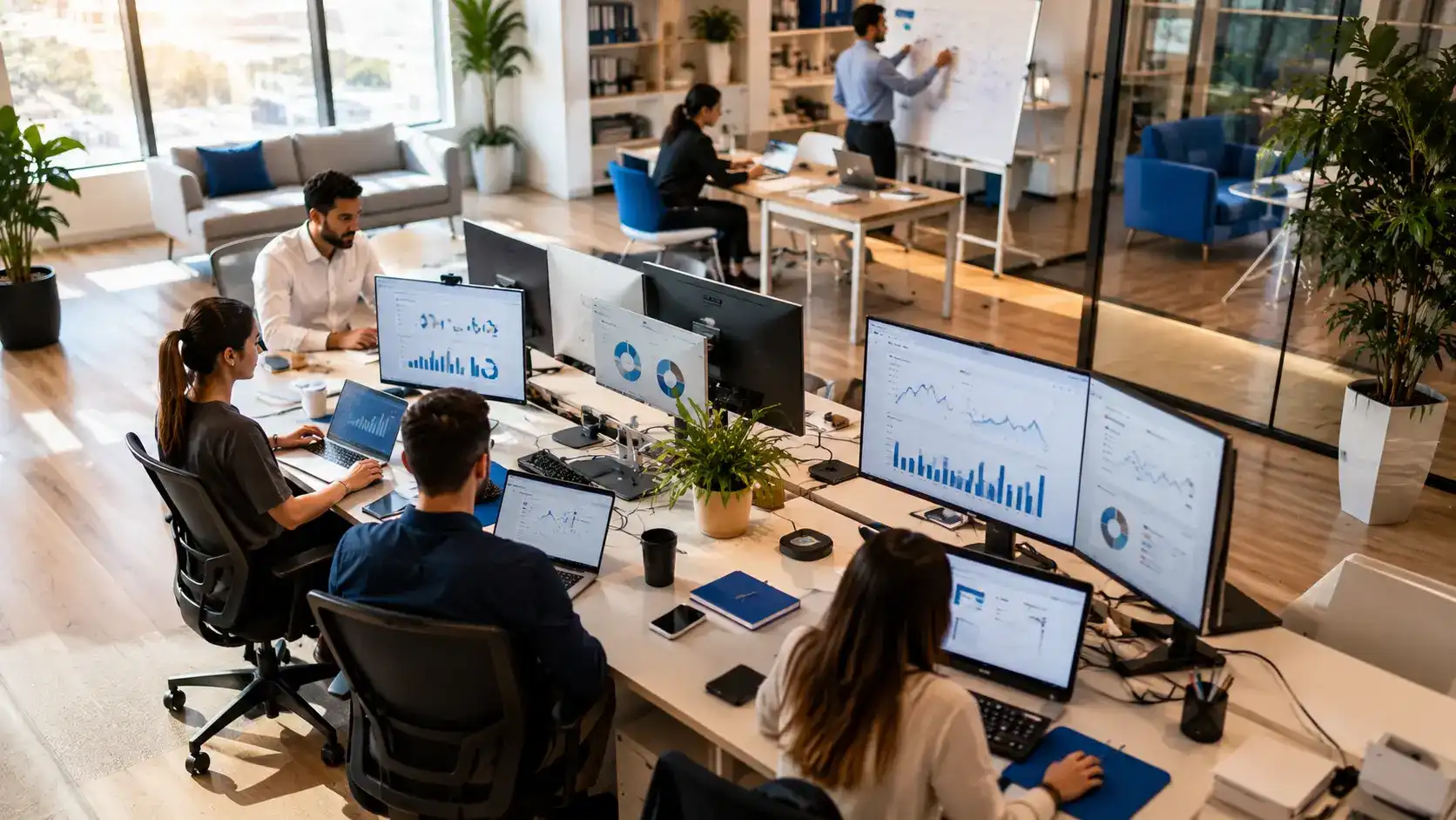 Equipo de marketing digital analizando datos de rendimiento para clínicas