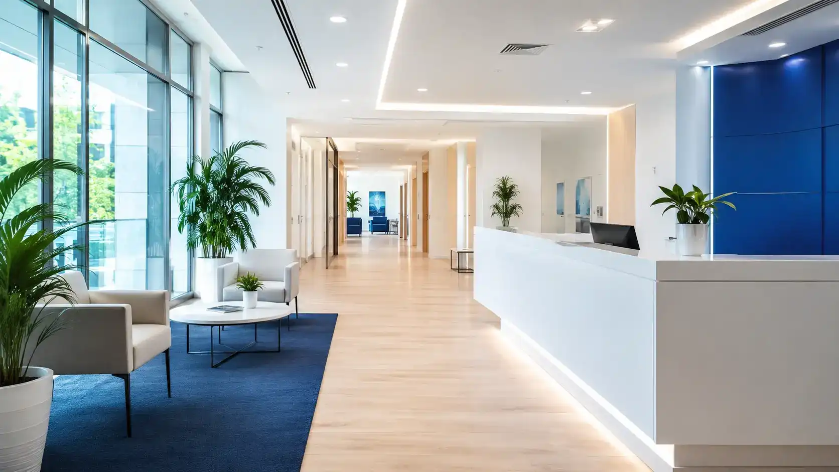 Recepción moderna de clínica médica con diseño web profesional por Blue Pixel Agency